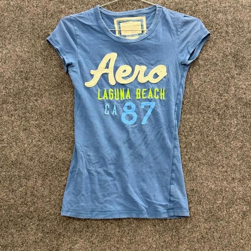 Aeropostale Aero Laguna Beach CA 87 Baby Tee Womens Small Blue Y2K